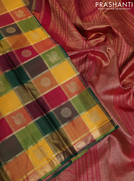 Pure kanchipuram silk saree multi colour and maroon with allover paalum pazhamum zari checks & buttas and zari woevn piping border