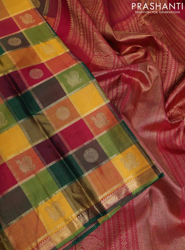 Pure kanchipuram silk saree multi colour and maroon with allover paalum pazhamum zari checks & buttas and zari woevn piping border