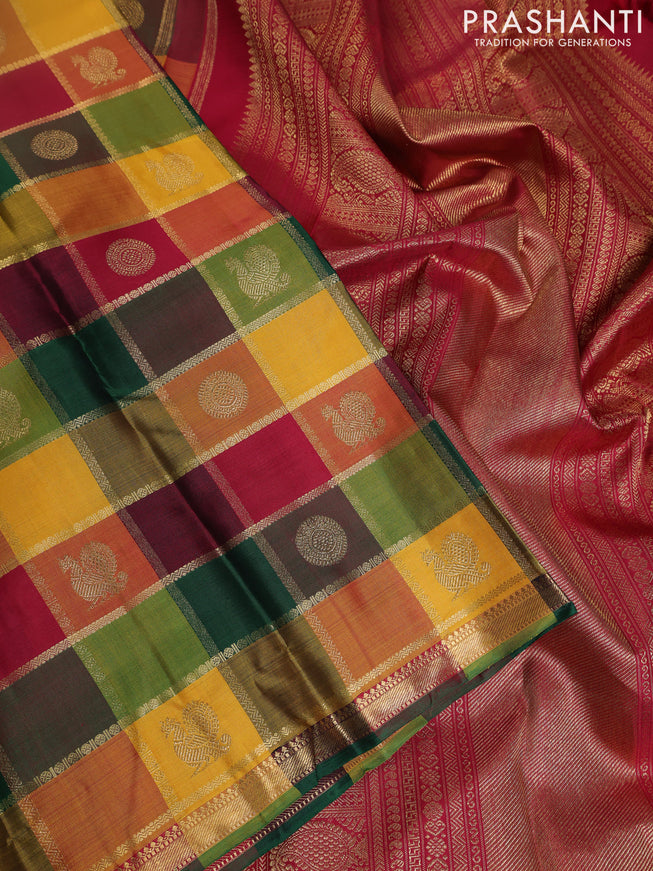Pure kanchipuram silk saree multi colour and maroon with allover paalum pazhamum zari checks & buttas and zari woevn piping border