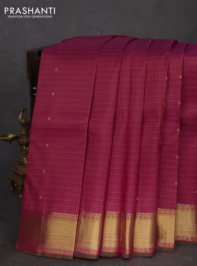 Pure kanchipuram silk saree dark pink and dual shade of green with allover small zari checks & buttas and rich zari woven border