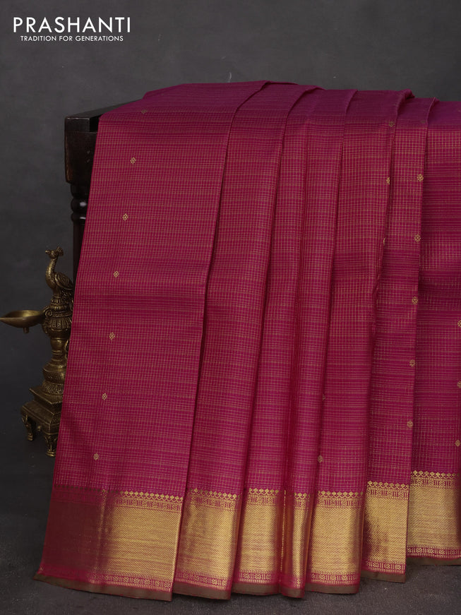 Pure kanchipuram silk saree dark pink and dual shade of green with allover small zari checks & buttas and rich zari woven border
