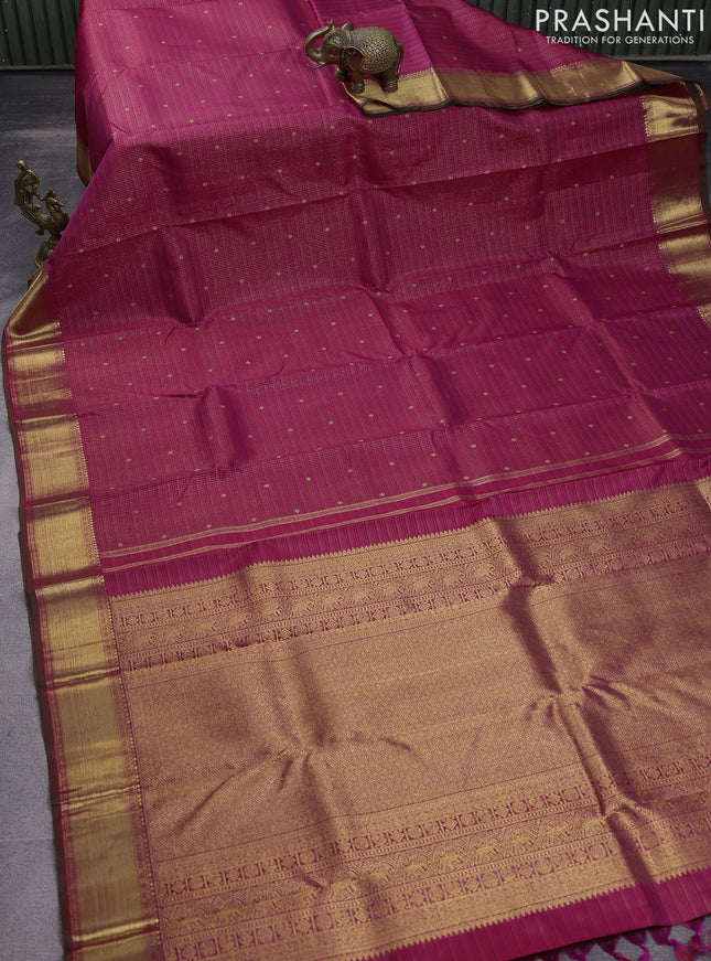 Pure kanchipuram silk saree dark pink and dual shade of green with allover small zari checks & buttas and rich zari woven border