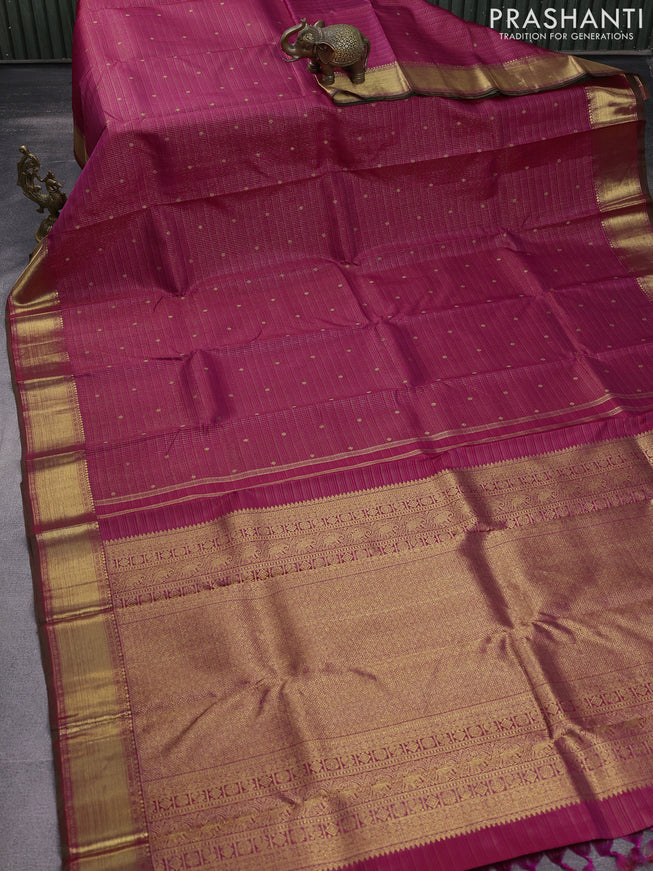 Pure kanchipuram silk saree dark pink and dual shade of green with allover small zari checks & buttas and rich zari woven border