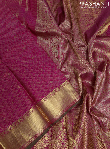 Pure kanchipuram silk saree dark pink and dual shade of green with allover small zari checks & buttas and rich zari woven border