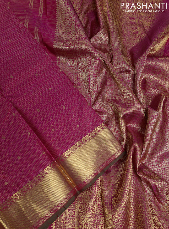 Pure kanchipuram silk saree dark pink and dual shade of green with allover small zari checks & buttas and rich zari woven border