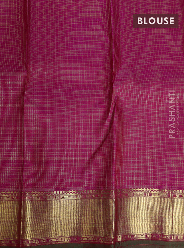Pure kanchipuram silk saree dark pink and dual shade of green with allover small zari checks & buttas and rich zari woven border