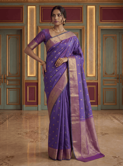 Pure kanchipuram silk saree dual shade of greenish violet and purple with allover zari weaves & buttas and elephant & annam zari woven border