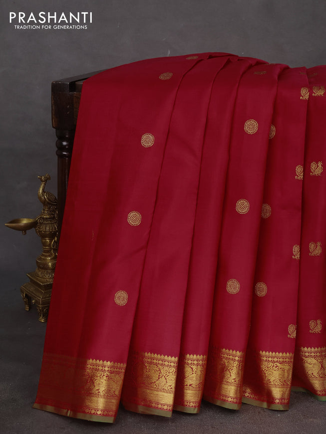 Pure kanchipuram silk saree red and green with annam & rudhraksha zari woven buttas and rich zari woven border