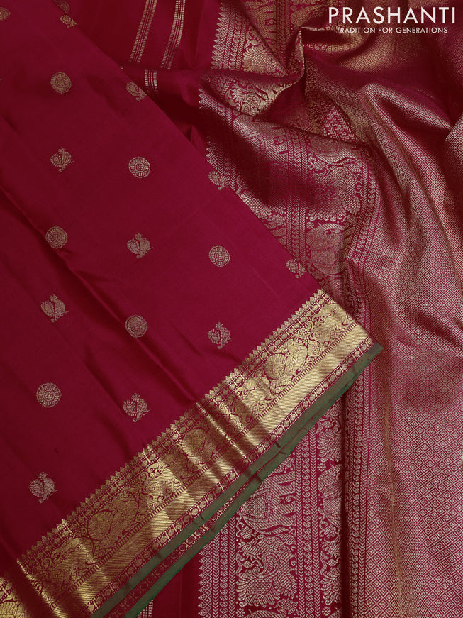 Pure kanchipuram silk saree red and green with annam & rudhraksha zari woven buttas and rich zari woven border