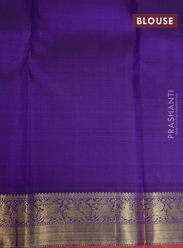 Pure kanchipuram silk saree dual shade of teal bluish green and violet with zari woven buttas and rich zari woven korvai border