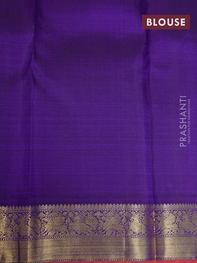 Pure kanchipuram silk saree dual shade of teal bluish green and violet with zari woven buttas and rich zari woven korvai border