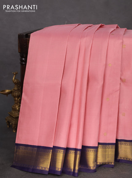 Pure kanchipuram silk saree mild peach pink and navy blue with zari woven buttas and rich zari woven korvai border