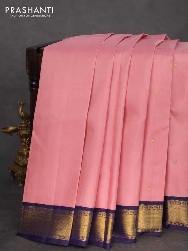 Pure kanchipuram silk saree mild peach pink and navy blue with zari woven buttas and rich zari woven korvai border