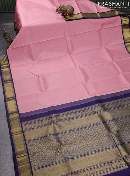 Pure kanchipuram silk saree mild peach pink and navy blue with zari woven buttas and rich zari woven korvai border