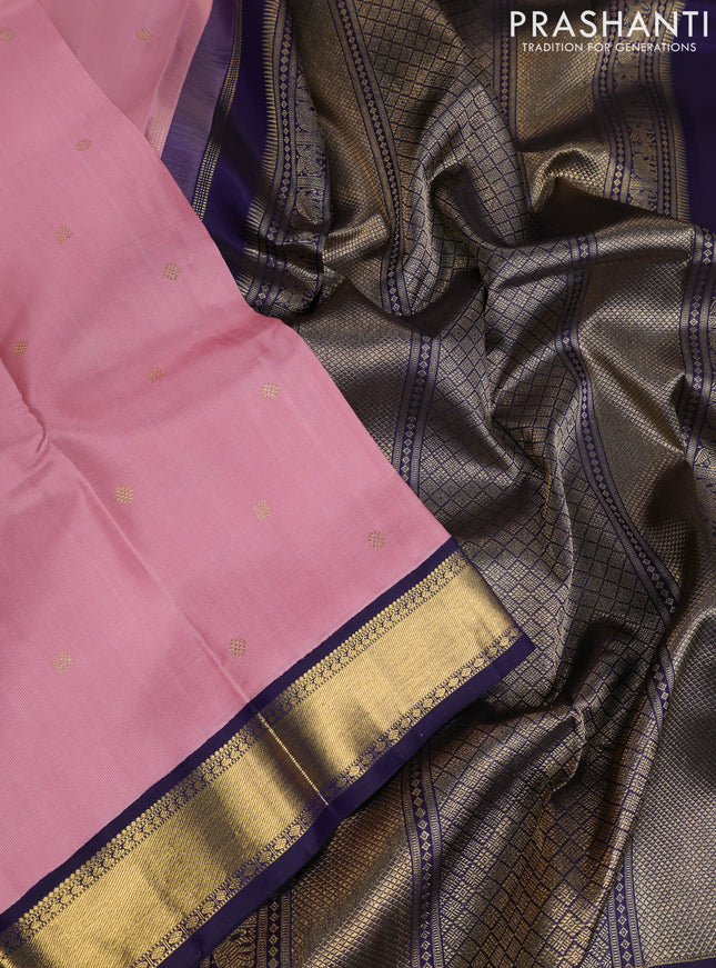 Pure kanchipuram silk saree mild peach pink and navy blue with zari woven buttas and rich zari woven korvai border
