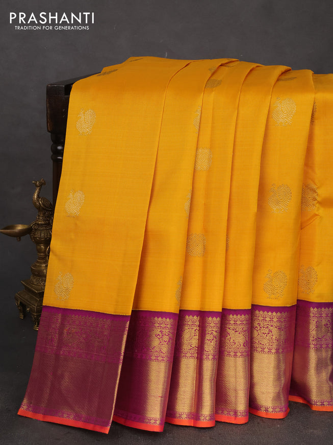 Pure kanchipuram silk saree yellow and purple with zari woven buttas and rich zari woven korvai border