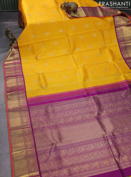 Pure kanchipuram silk saree yellow and purple with zari woven buttas and rich zari woven korvai border