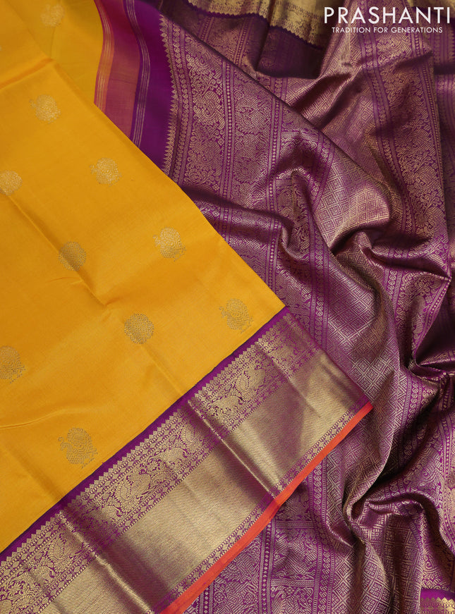 Pure kanchipuram silk saree yellow and purple with zari woven buttas and rich zari woven korvai border