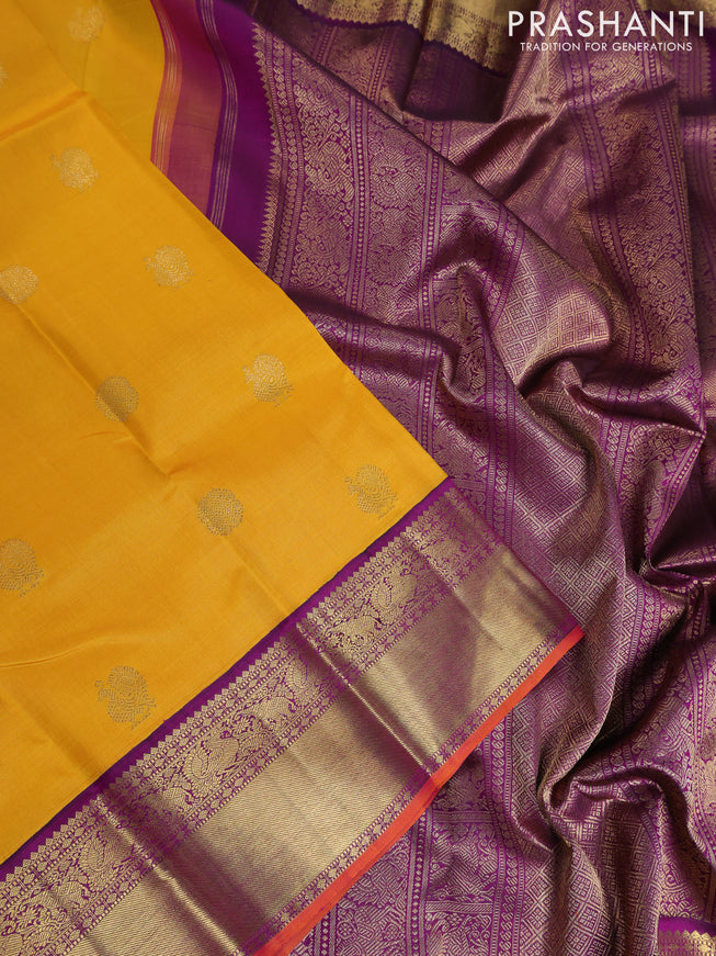 Pure kanchipuram silk saree yellow and purple with zari woven buttas and rich zari woven korvai border