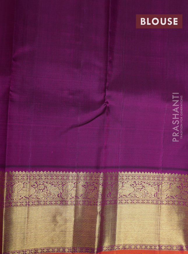 Pure kanchipuram silk saree yellow and purple with zari woven buttas and rich zari woven korvai border
