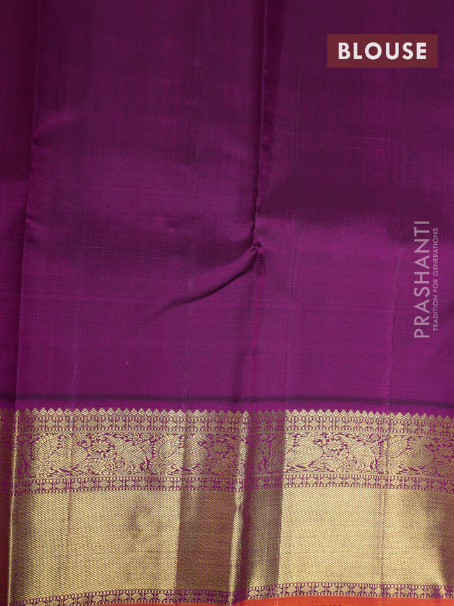 Pure kanchipuram silk saree yellow and purple with zari woven buttas and rich zari woven korvai border