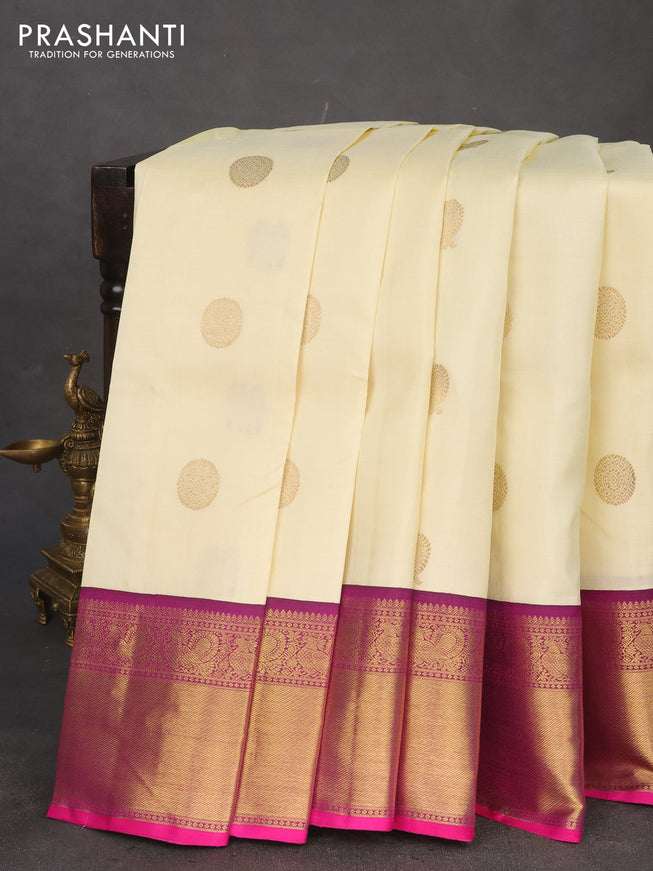 Pure kanchipuram silk saree cream and purple with annam & rudhraksha zari woven buttas and rich zari woven border