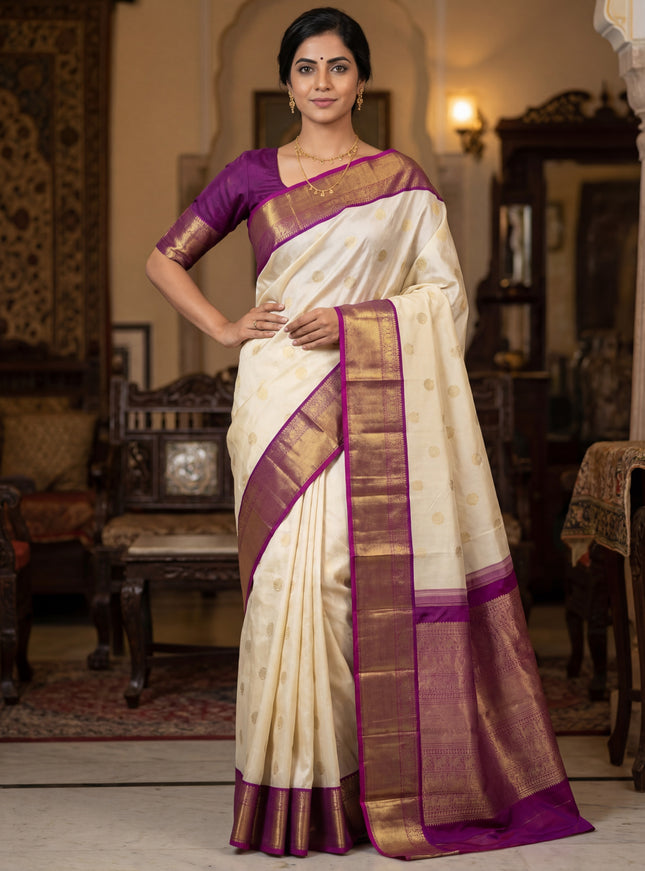 Pure kanchipuram silk saree cream and purple with annam & rudhraksha zari woven buttas and rich zari woven border
