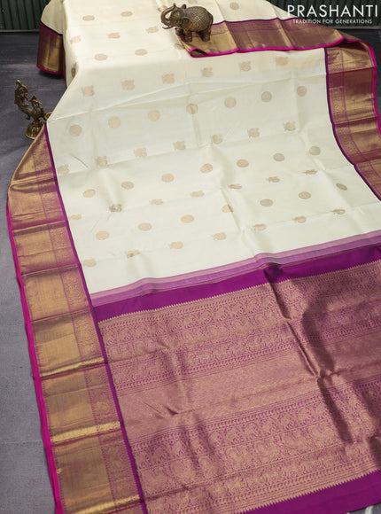 Pure kanchipuram silk saree cream and purple with annam & rudhraksha zari woven buttas and rich zari woven border