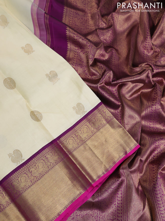 Pure kanchipuram silk saree cream and purple with annam & rudhraksha zari woven buttas and rich zari woven border