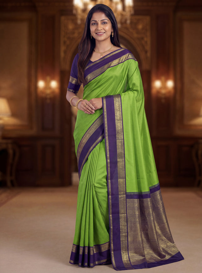 Pure kanchipuram silk saree light green and deep jamun with allover zari woven lakshadeepam pattern and rich zari woven simple border