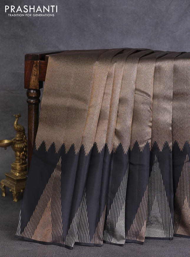 Pure kanchipuram silk saree black with allover zari woven brocade weaves and temple design zari woven border