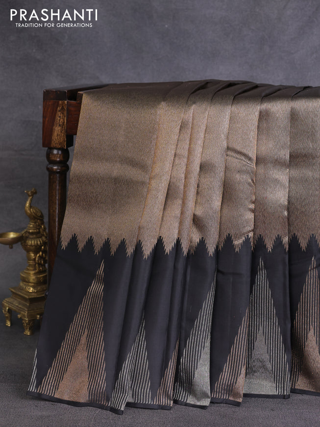 Pure kanchipuram silk saree black with allover zari woven brocade weaves and temple design zari woven border