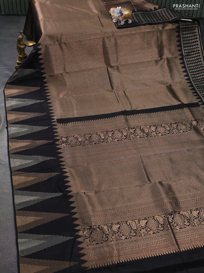 Pure kanchipuram silk saree black with allover zari woven brocade weaves and temple design zari woven border