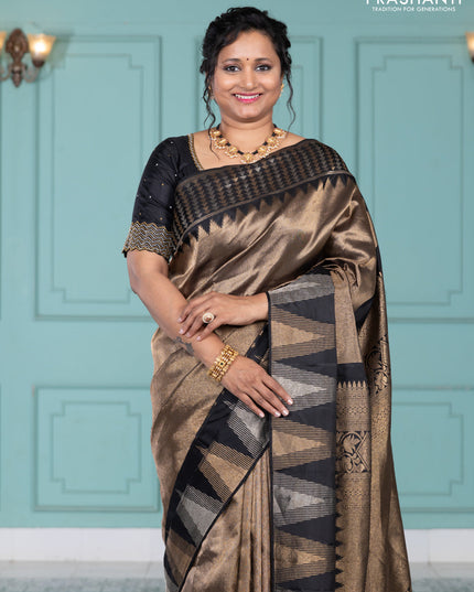 Pure kanchipuram silk saree black with allover zari woven brocade weaves and temple design zari woven border