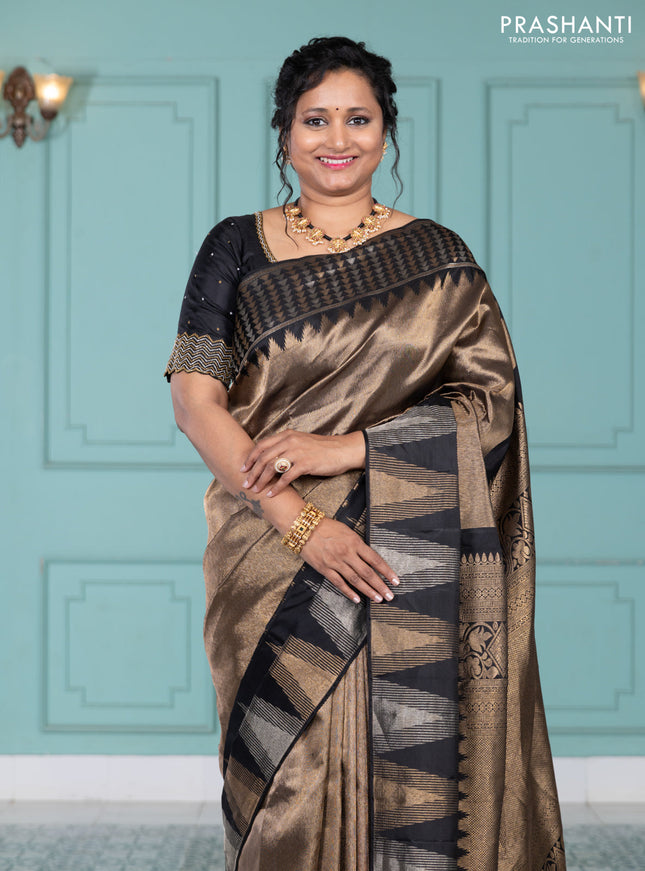 Pure kanchipuram silk saree black with allover zari woven brocade weaves and temple design zari woven border