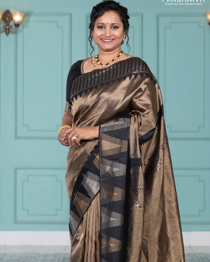 Pure kanchipuram silk saree black with allover zari woven brocade weaves and temple design zari woven border