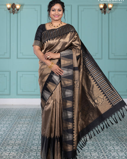 Pure kanchipuram silk saree black with allover zari woven brocade weaves and temple design zari woven border