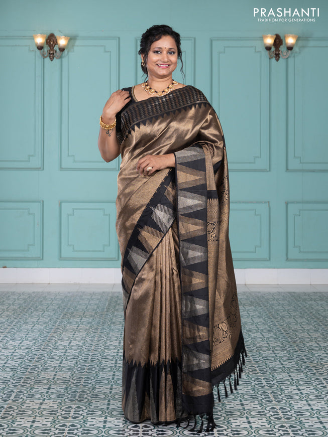 Pure kanchipuram silk saree black with allover zari woven brocade weaves and temple design zari woven border