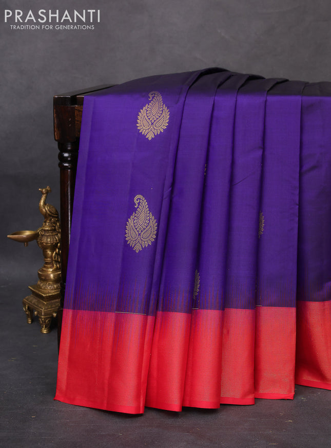 Pure kanchipuram silk saree blue and red with zari woven buttas and zari woven border