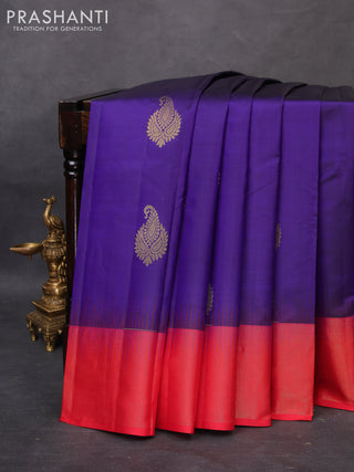 Pure kanchipuram silk saree blue and red with zari woven buttas and zari woven border