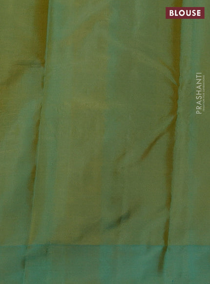 Pure kanchipuram silk saree yellow and dual shade of teal blue with allover zari woven buttas and zari woven butta border