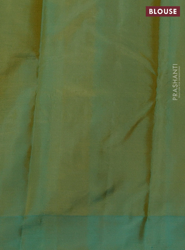 Pure kanchipuram silk saree yellow and dual shade of teal blue with allover zari woven buttas and zari woven butta border