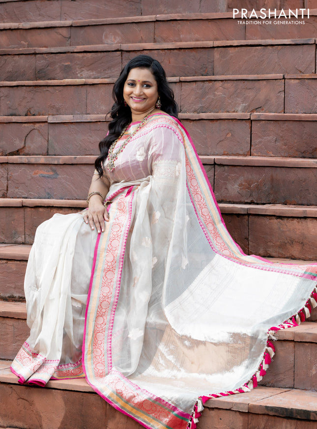 Banarasi tissue organza silk saree off white and pink with zari woven buttas and banarasi style border