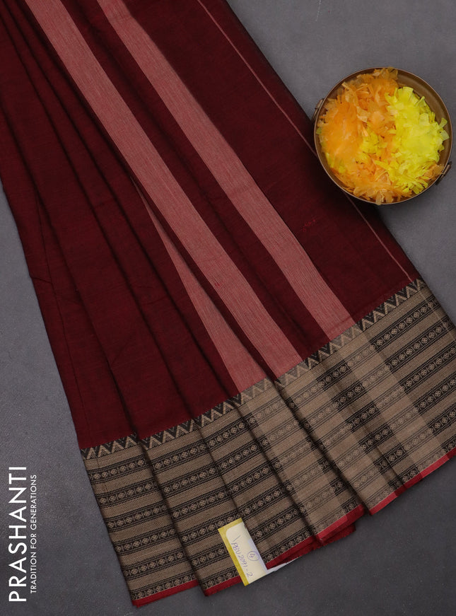 Narayanpet cotton saree maroon and black with plain body and thread woven border