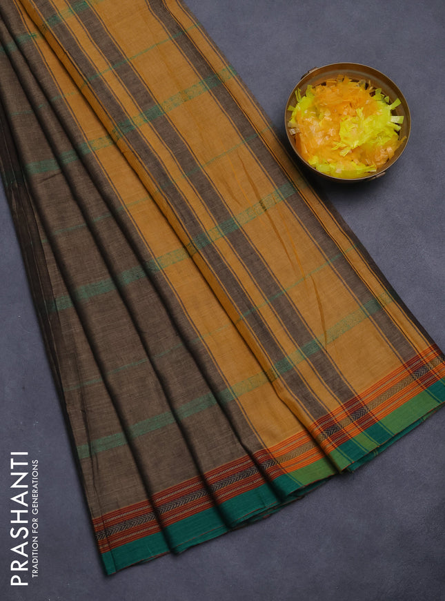 Narayanpet cotton saree chikku shade and green with allover thread weaves and thread woven border