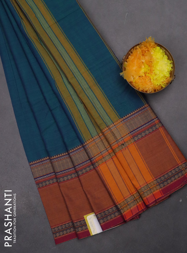 Narayanpet cotton saree dual shade of bluish green and rust shade with plain body and rettapet thread woven border