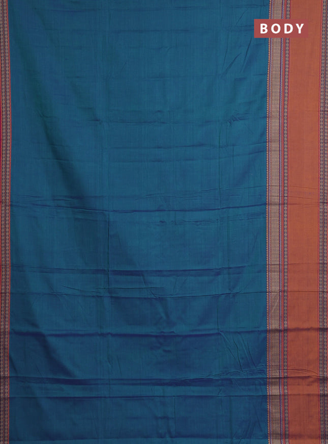 Narayanpet cotton saree dual shade of bluish green and rust shade with plain body and rettapet thread woven border