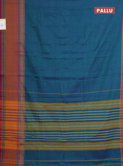 Narayanpet cotton saree dual shade of bluish green and rust shade with plain body and rettapet thread woven border
