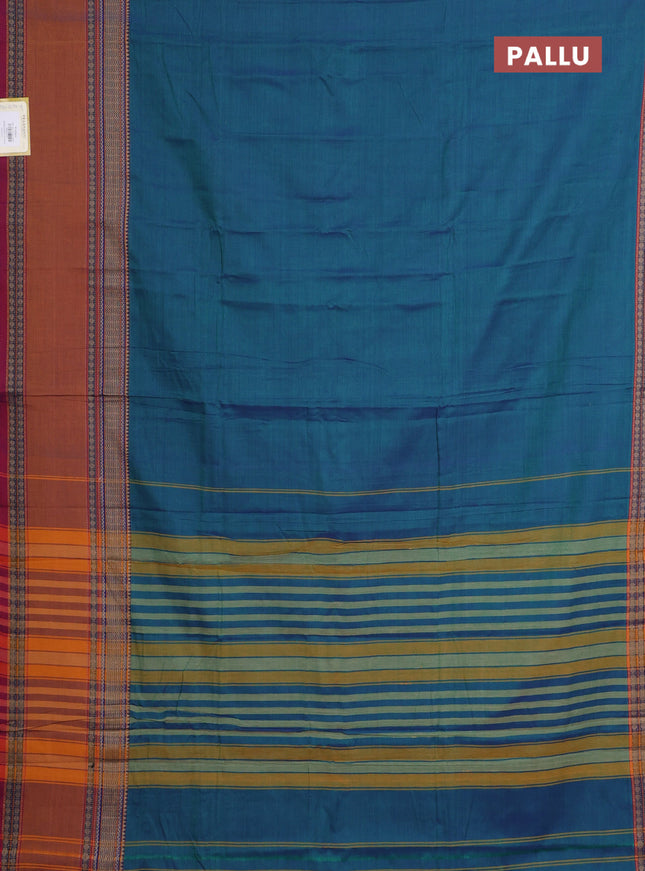 Narayanpet cotton saree dual shade of bluish green and rust shade with plain body and rettapet thread woven border