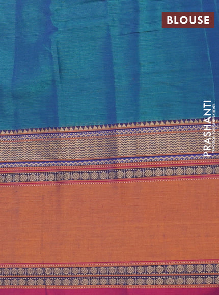 Narayanpet cotton saree dual shade of bluish green and rust shade with plain body and rettapet thread woven border